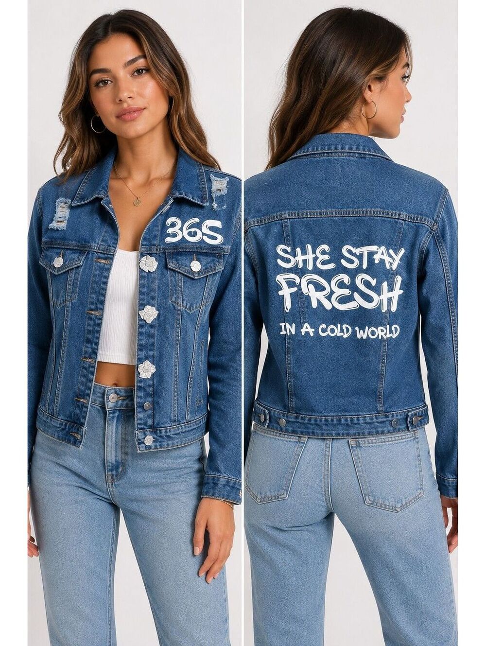 Nina Rossi Women's Denim Jacket "Custom" Graphics Distressed Y2K Handmade NWOT